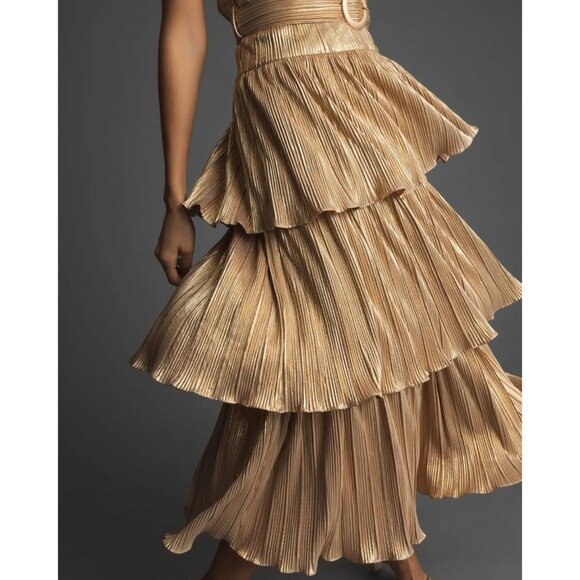 New Mac Duggal Size 10 Gold Ruffle Tiered Belted Sleeveless Cocktail Party Dress - Picture 6 of 16